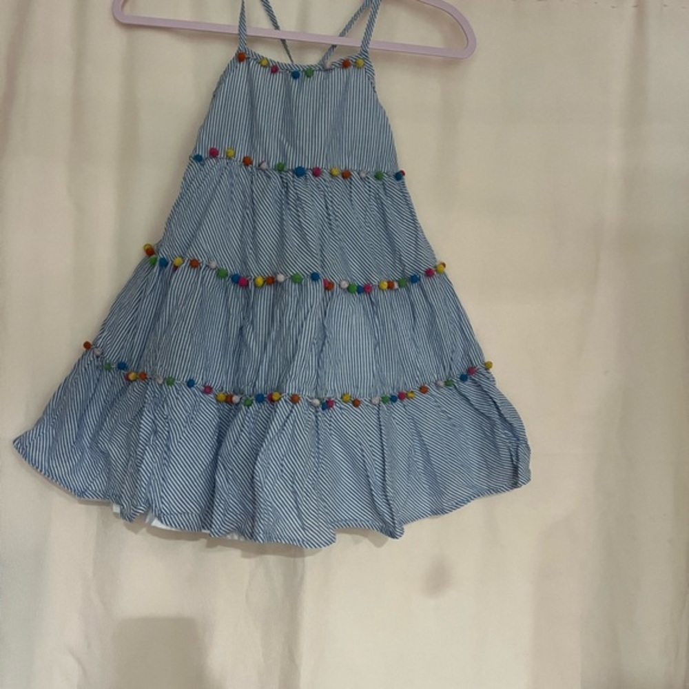Striped Blue Kids Dress with Pom-Poms - Picture 1 of 8